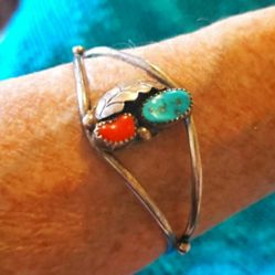 Vintage Sterling Silver Turquoise Coral Cuff Bracelet