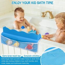 NEW! Bathtub Splash Guard Shelf, Silicone, Strong Suction Cups, Mesh Pockets, Blue (out of box)