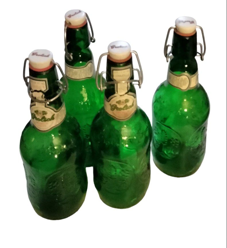 Vintage Empty Grolsch Green Embossed Beer Bottles 