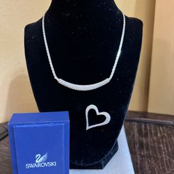 Swarovski Crystal Pave Silver Tone Choker Necklace And Brooch Heart Pin