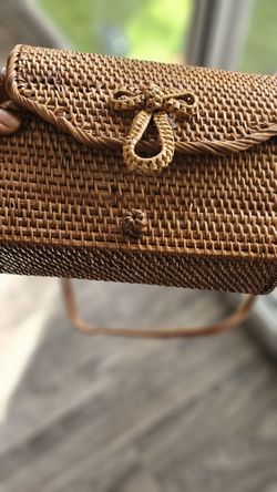 Handmade 
Woven Rattan Purse with Loop Clasp – Vintage Boho Bag