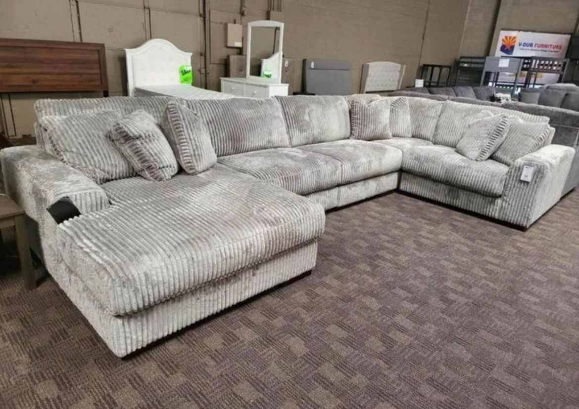 Super Soft Grey Corduroy Sectional Couch