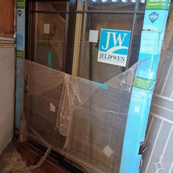 72x80 New Construction Sliding Door Glass Left Hand, Aluminum Clad Outside Dark Brown Bronze And Wood Inside 