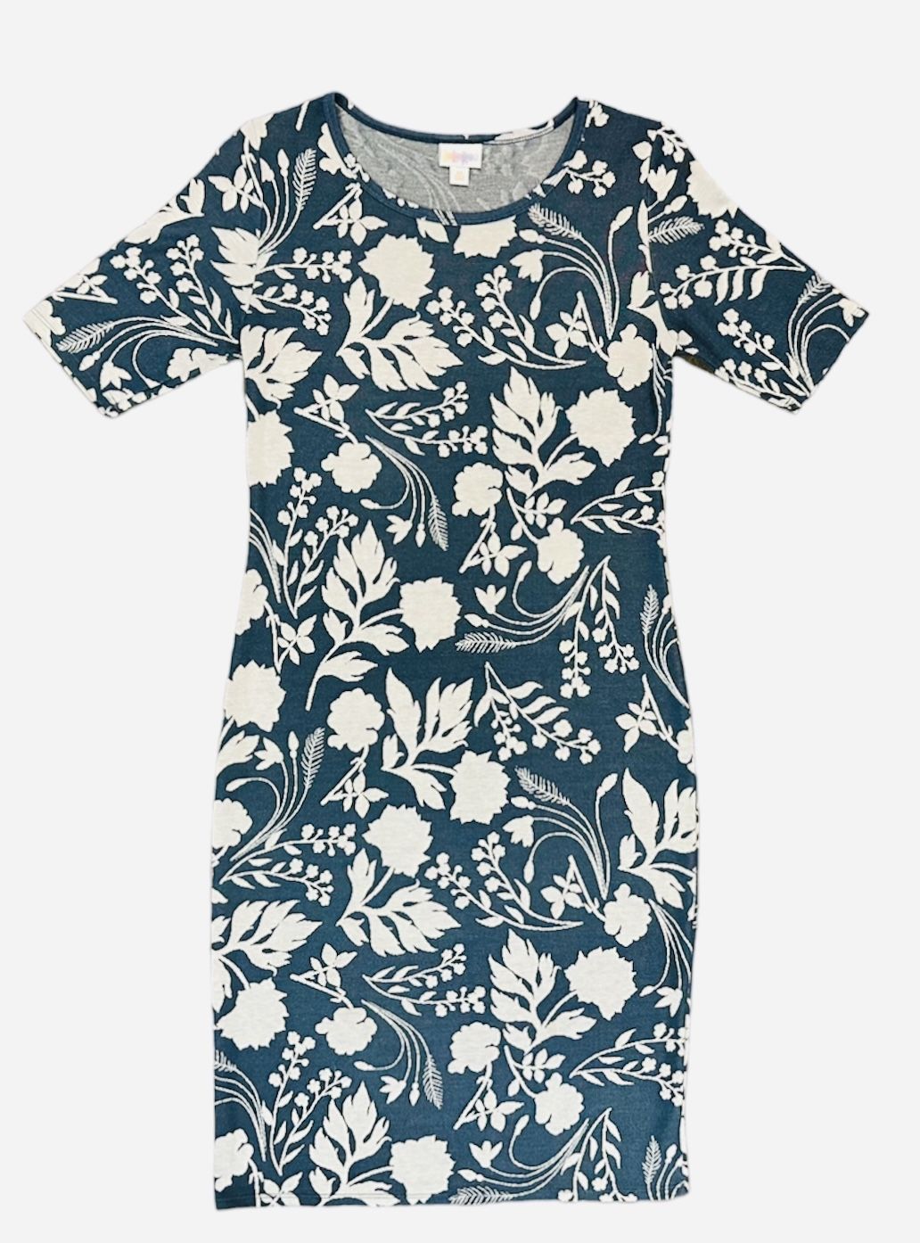 LuLaRoe Women Dress Teal White Floral Julia Half Sleeve Midi Knit Dress Size XS