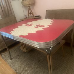 1950s Mid Century Red Grey Pattern Formica Chrome Table 