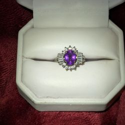 Silver Ring With Purple Stone And Cubic Zirconia 