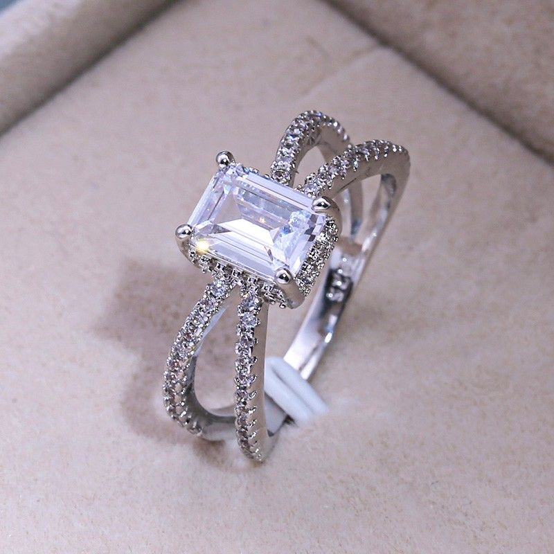"Trendy Double Layer Cross Rectangle Radiant Cut Silver Ring for Women