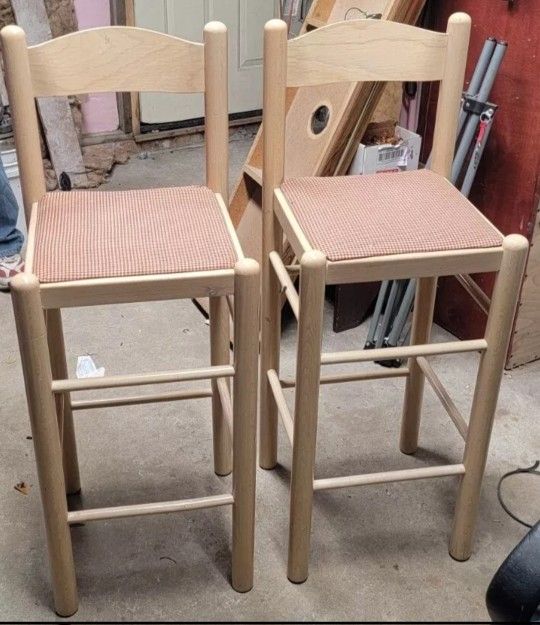 Pair of Wooden Bar Stools with Red Gingham Cushions