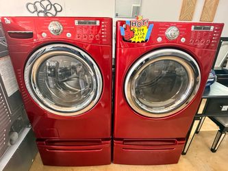Used Tall Red LG Washer and Dryer Storage