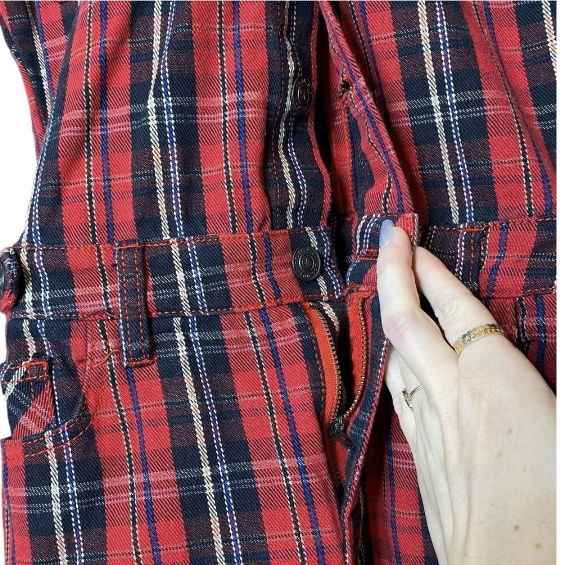 Current/Elliott The Jumpsuit Dress Red Tartan Denim Mini Plaid