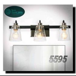 Robert Stevenson Lighting Jameson - Metal Seedy Glass 3-Light Vanity Light, Matte Black and Polished