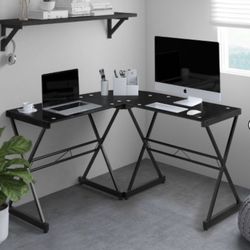 L Shaped Glass Computer Desk Black