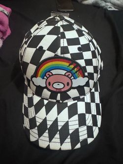 Gloomy Bear Black & White Checkerboard Snapback Hat Rainbow Patch NWT