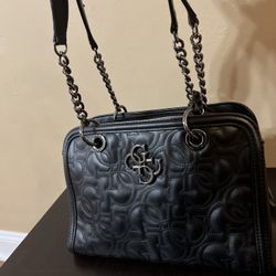 GUESS SHOULDER/SATCHEL BAG, BLACK FAUX LEATHER, CHAINS & TASSELS