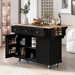 Black Rubber wood Drop-Leaf Counter top 53 in. Kitchen Island on Wheels with Storage Cabinet and 3 Drawers