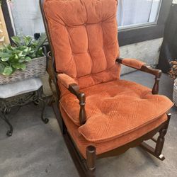 Vintage Wooden Rocking Chair with Orange Cushions 1970s