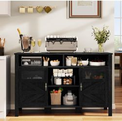 55'' Farmhouse Buffet Cabinet with Storage, Large Sideboard Cabinet with 2 Doors & Open Storage, Versatile Coffee Bar Table for Kitchen & Living Room 
