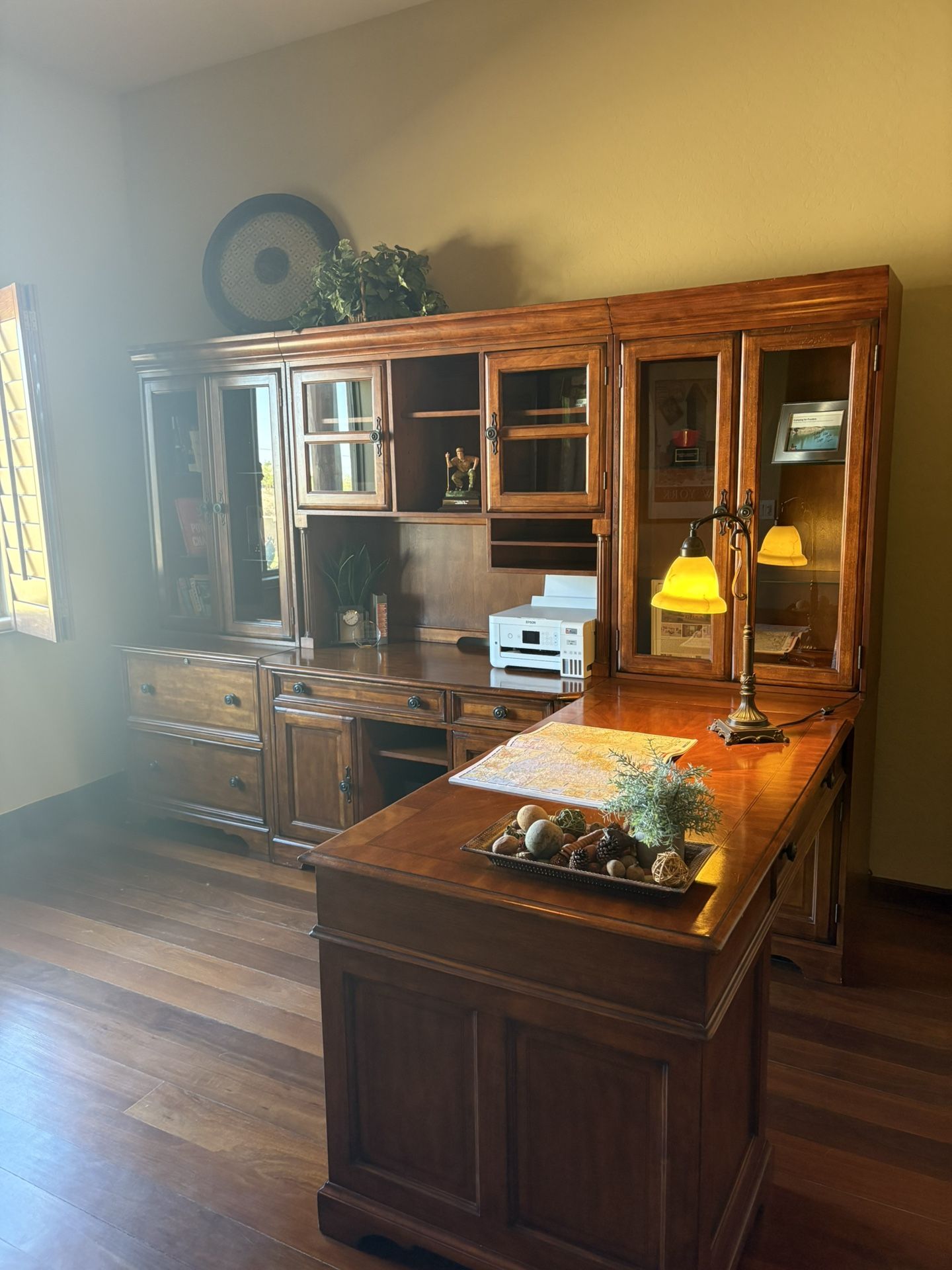 Wood Wall Desk With Glass Doors And Shelving, With L Shaped Work Area $100