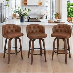 Oversized Swivel Bar Stools Set of 3, 26" Counter Height PU Leather Bar Stool with Walnut Wooden Leg