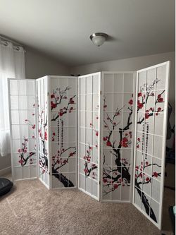 Roundhill Furniture Japanese 6 Panel Screen Room Divider, Plum Blossom - White