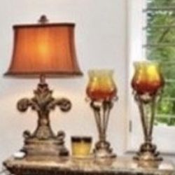 Two Lamps And Four Hurricane Candle Holders 