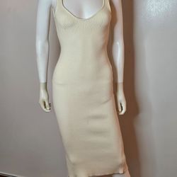 Elegant Sleeveless Ribbed Cream Knit Low Back Midi Dress Size S