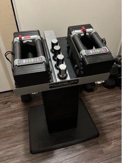 POWER BLOCKS DUMBBELL WEIGHTS SELECT 5-50 LBS WITH STORAGE RACK $320 FIRM. IN GREAT CONDITION