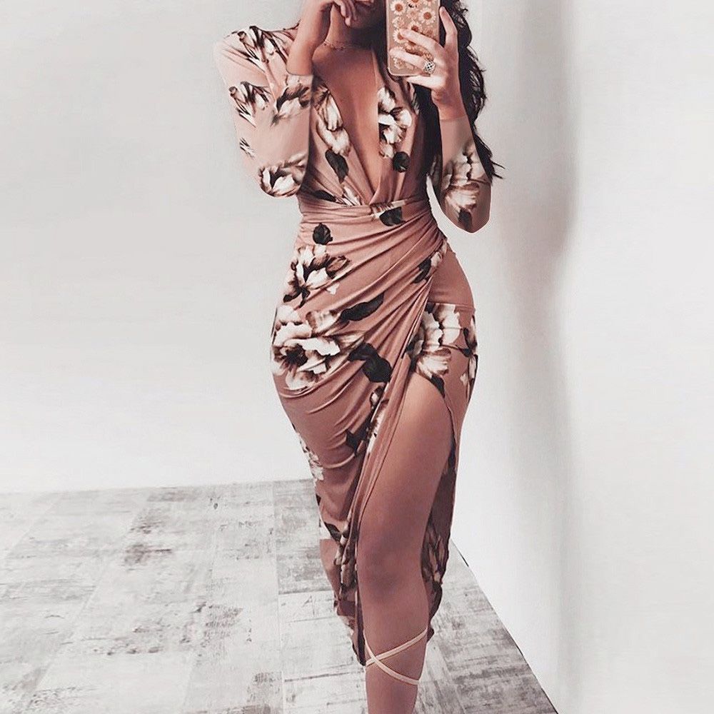 Coffee Deep V neck Dress With Ruched Skirt