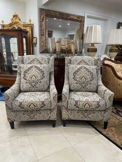 Pair of Elegant High Wingback Pattern Upholstered Damask-Linen Accent Chairs🌷 New-Never Used