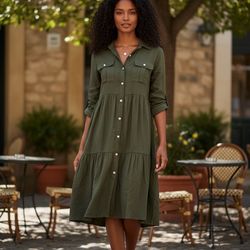 NY Collection Olive Green Tiered Shirt Dress Size S