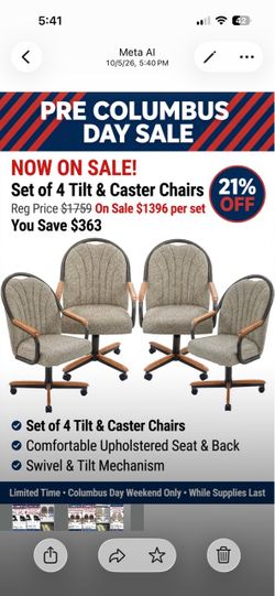 Set of 4 Tilt & Caster Dining Chairs reg price $1759 pre Columbus Day special $1396