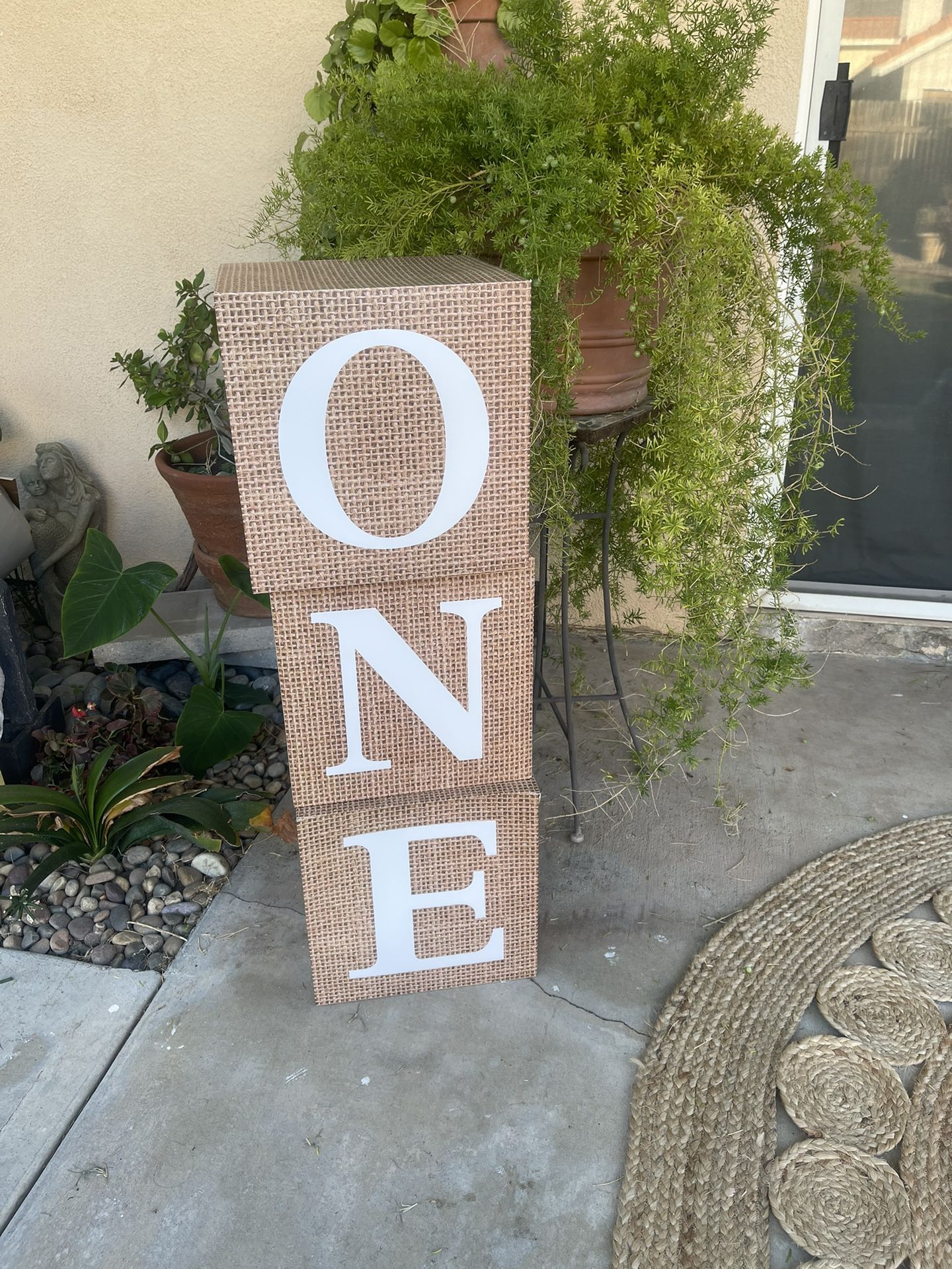 Burlap Printed “ONE” Box Letters
