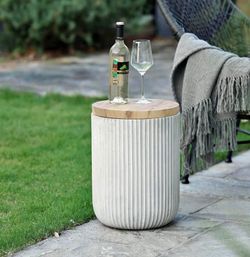 LuxenHome 18" Cement Outdoor Side Table with Storage and Wood-Look Lid For Indoor Outdoor Use; Ideal