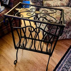 Vintage Wrought Iron Magazine Rack/ Glass Top End Table 