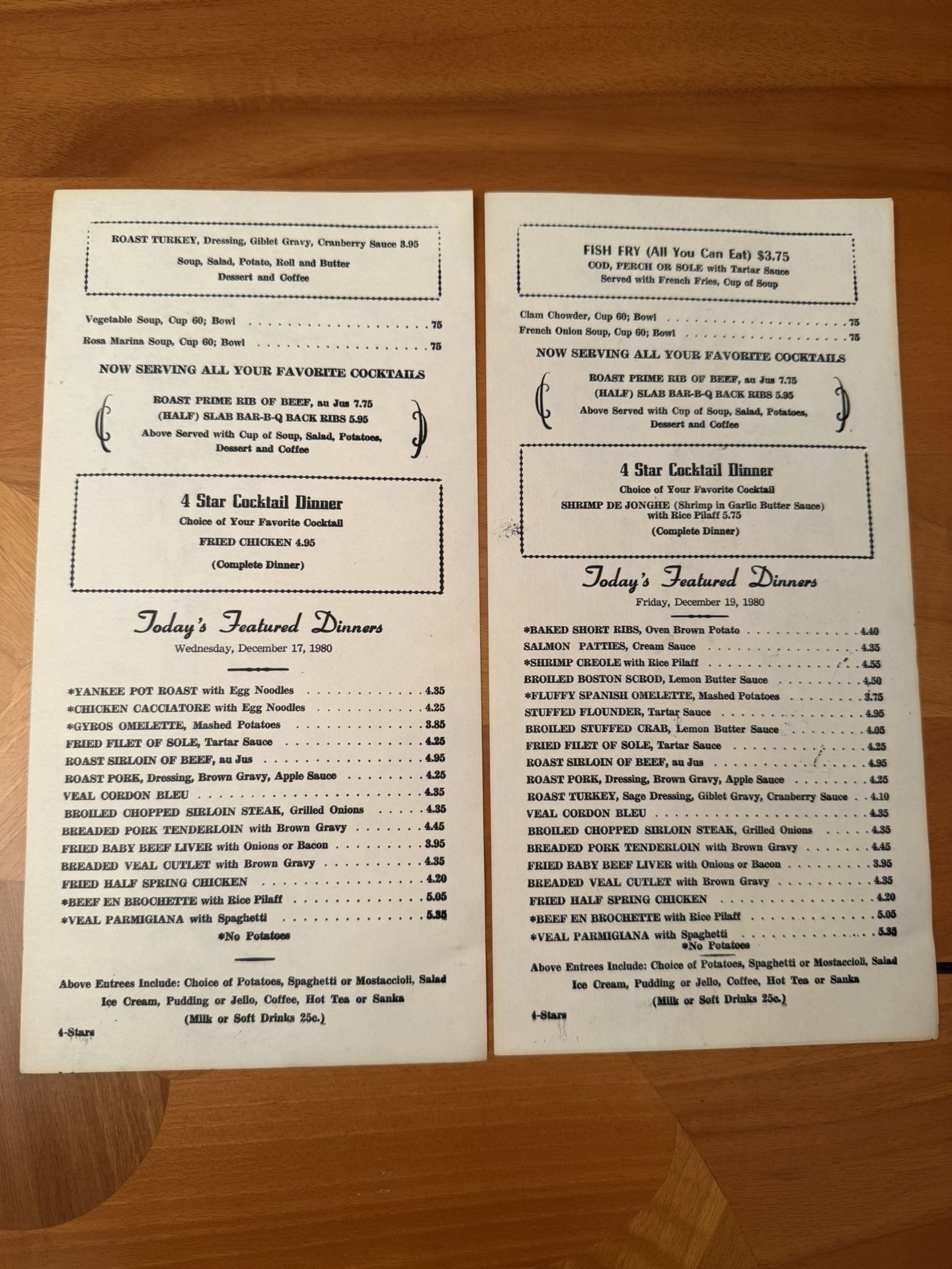 Vintage Menus Of Four Star Restaurant, 1(contact info removed). Each With Original Artwork
