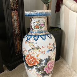 Vase 18” Vintage Porcelain Asian Inspired Tall Vase