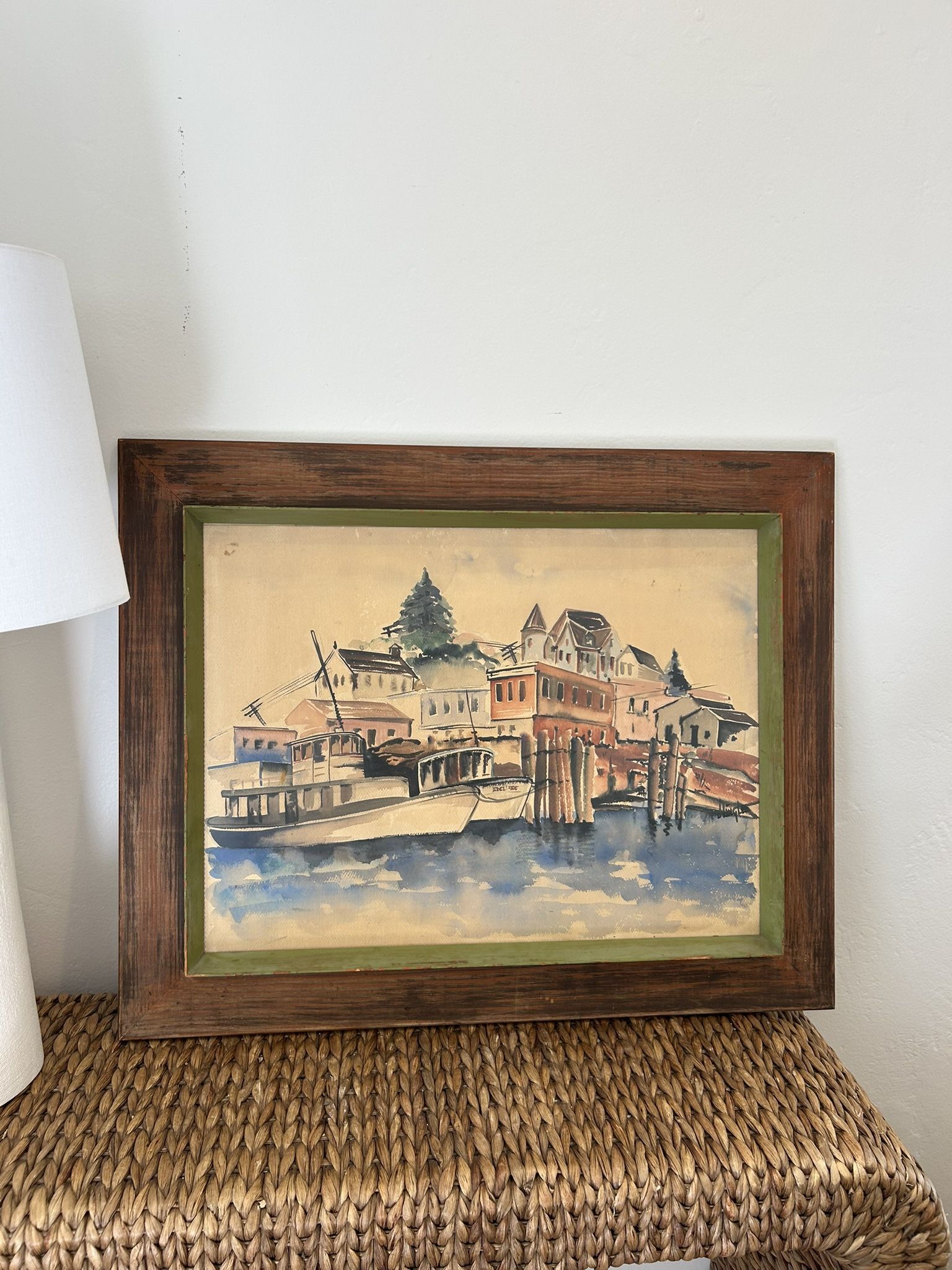 Mid Century Original Painting Wood Vintage artist Wall Hanging Artwork Seascape Boats Nautical Framed Watercolor Urban Landscape