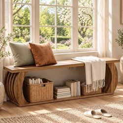 63" Farmhouse Wooden End of Bed Storage Bench with Curved Legs