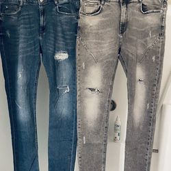 Lot Of 2 Distressed Zara Jeans Light Wash Gray & Light Wash Blue Size 36