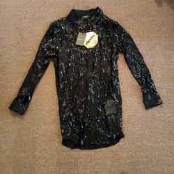 NEW!!! DKNY BLACK SEQUINED SHEER DRESS OR CAN BE WORN AS A LONG BLOUSE SIZE (M) 
