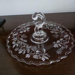 Fostoria - Clear glass center-handled sandwich tray with etched 'Lacy Leaf' pattern by Fostoria