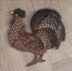 Vtg Folk Art Rooster Nail Art Wood Wall Hanging MCM Tramp Art Wire Tacks 18"
