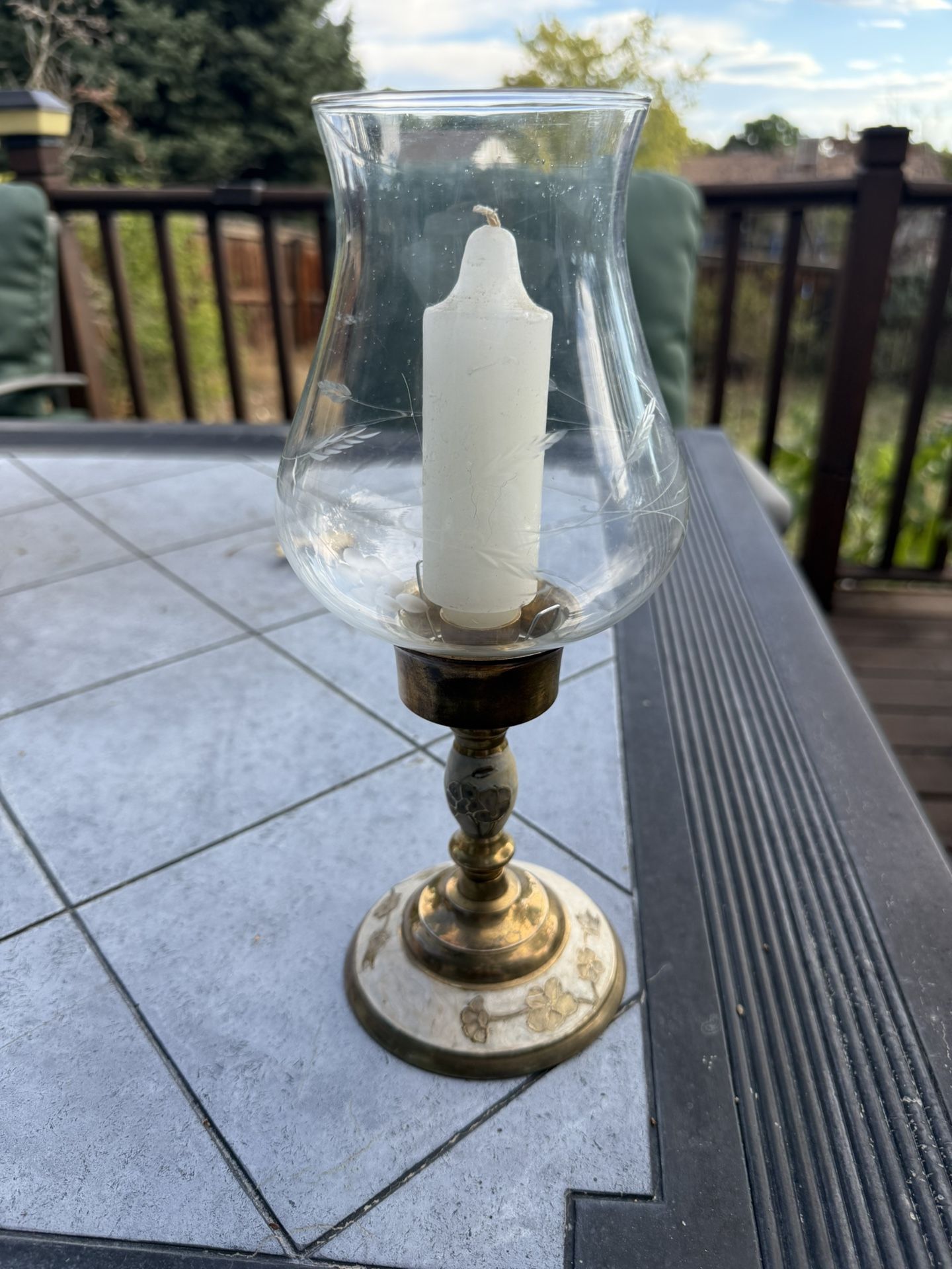 Vintage Solid Brass Hurricane Candle Lamp with Glass Shade 11” Tall