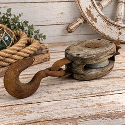 Vintage Wood & Iron Single Pulley Block 12" Nautical Maritime Industrial Decor