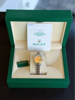 Rolex Lady-DateJust 26mm Champagne Dial Yellow Gold & Steel Jubilee 69173 No Holes Sticker Box Papers Tag