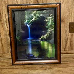 Framed Waterfall Nature Photo Print – Rustic Wood‑Look Frame”  