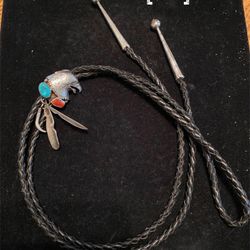 #6 Eagle Head Bolo Tie Turquoise & Coral Sterling