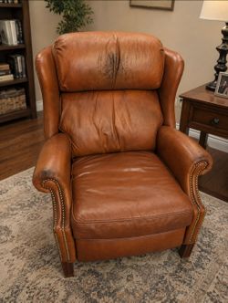 Bradington Young Genuine Leather Recliner, Cognac Brown Wingback Chair, Made in USA