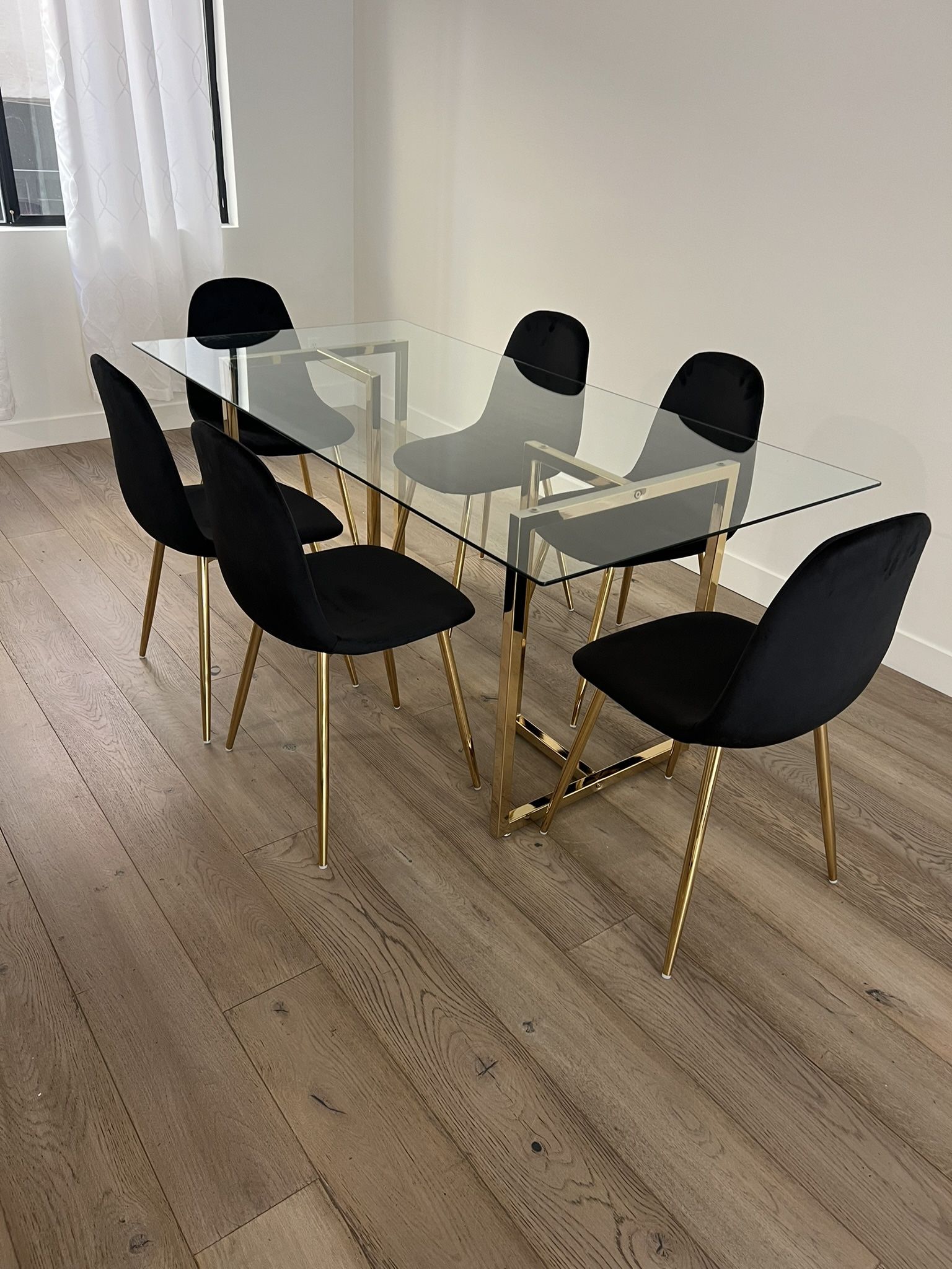 Black Gold Velvet Glass Dining Set For 6