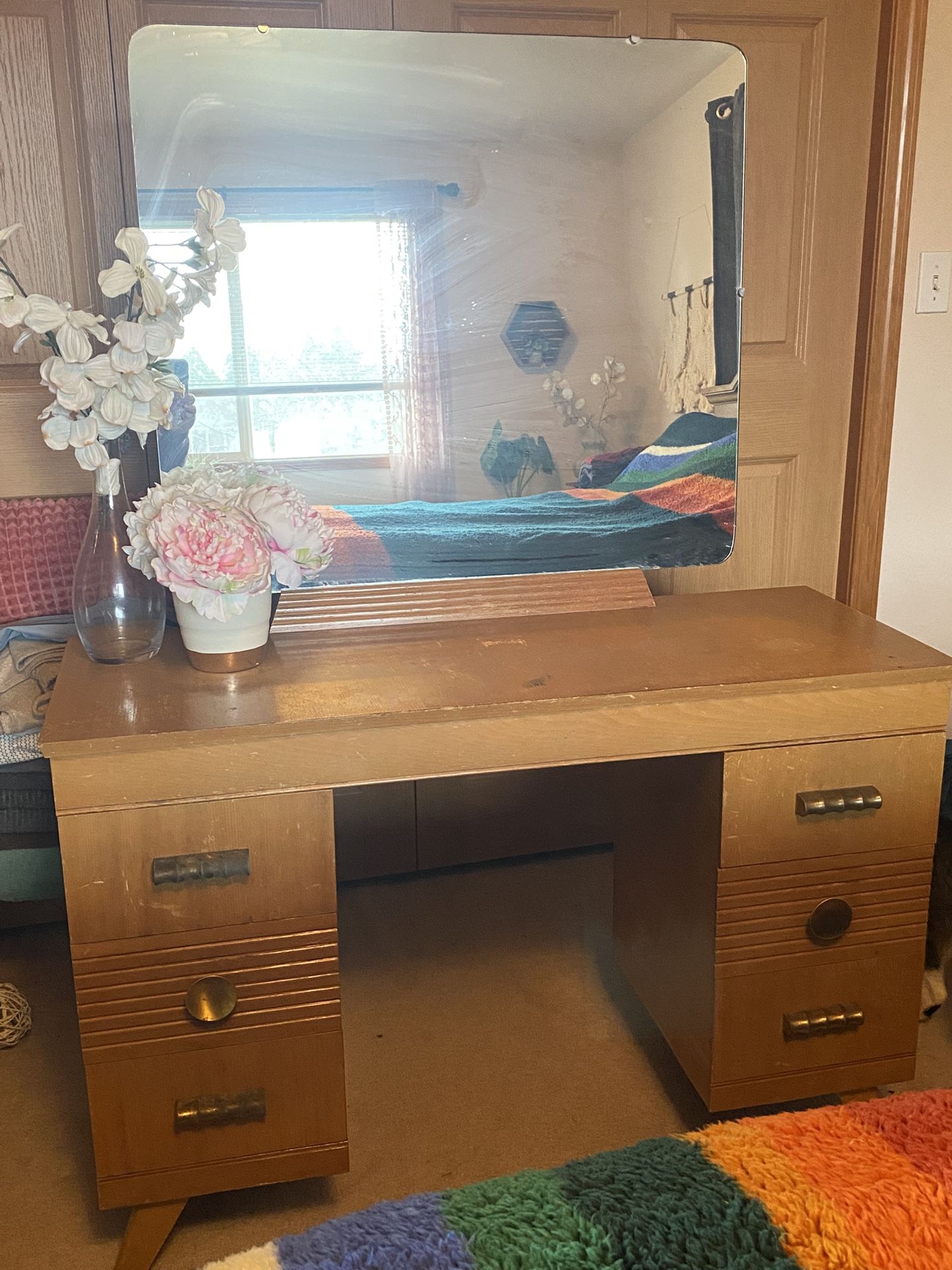 Vintage Mid Century Modern Blond Wood Vanity and Attached Mirror